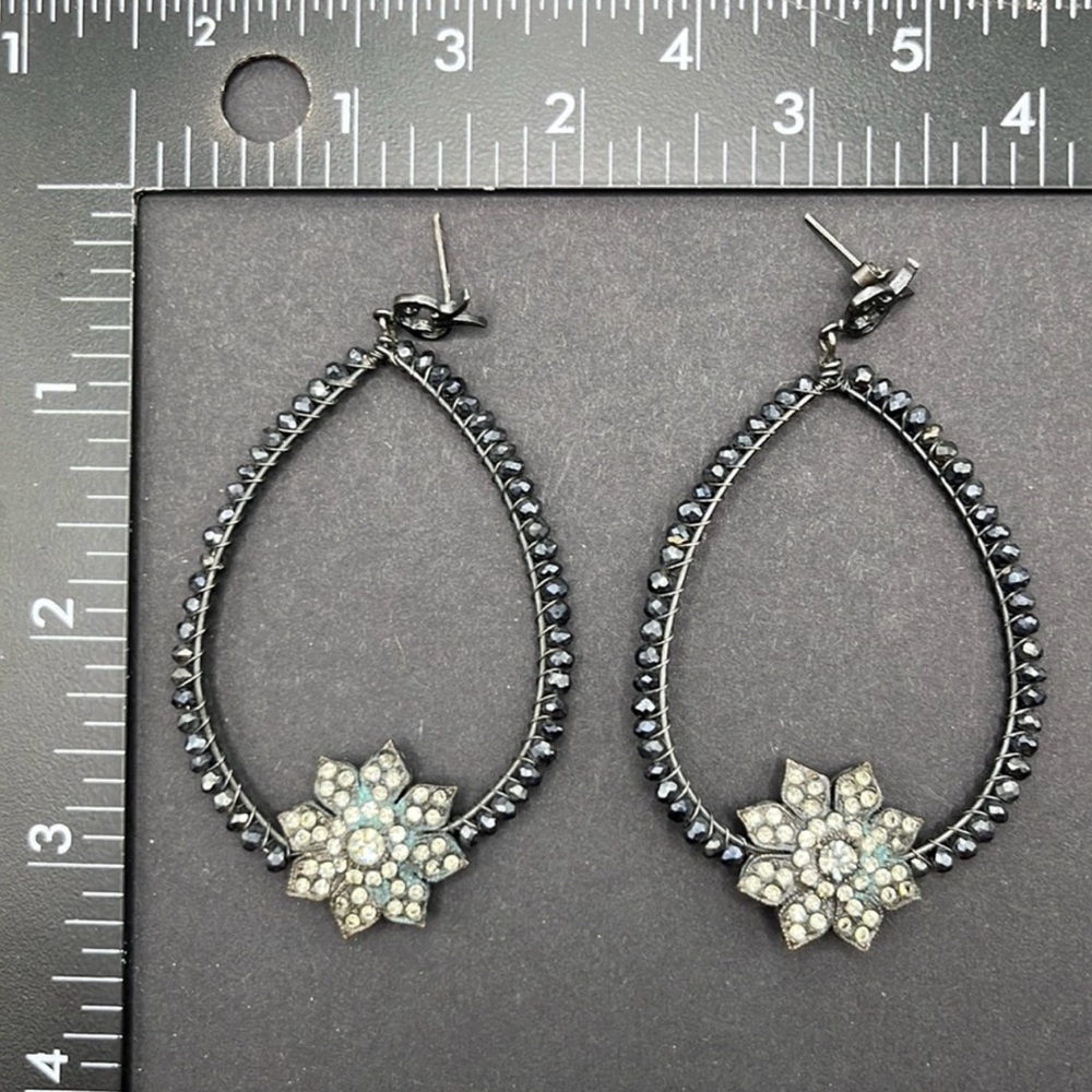 Peruvian Connection Jet Black Iridecensent  Antiqued beaded hoop post earring